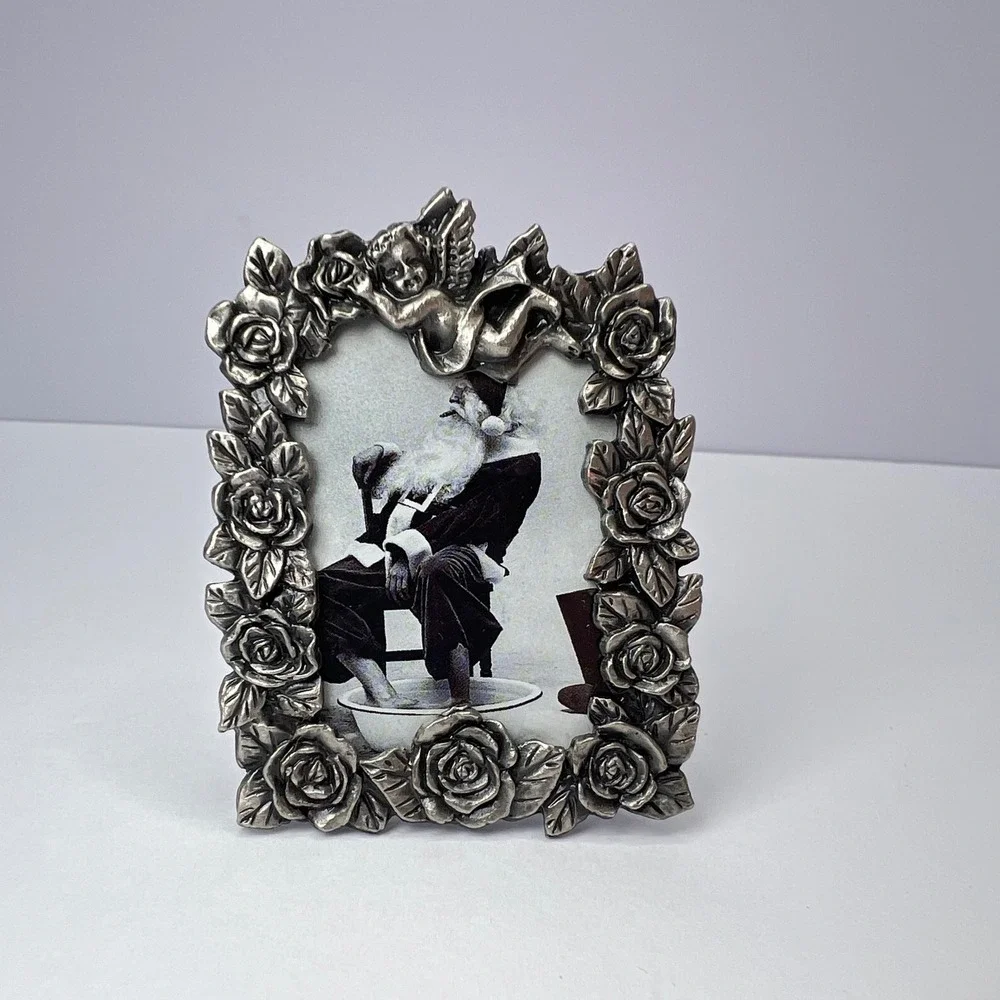 Vintage Mini Picture‎ Frame Silver Rose Cherub Small Pewter Tone Floral Decor